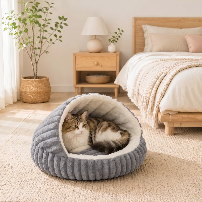 PawHut Cama para Gatos Cueva para Gatitos con Base Antideslizante y Cojín Lavable para Interior 50x50x32 cm Gris