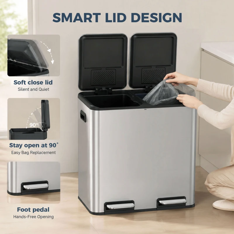 HOMCOM 2 x 20L Double Kitchen Bin, Stainless Steel Pedal Rubbish Bin with Dual Compartments, Soft Close Lids, Silver Tone