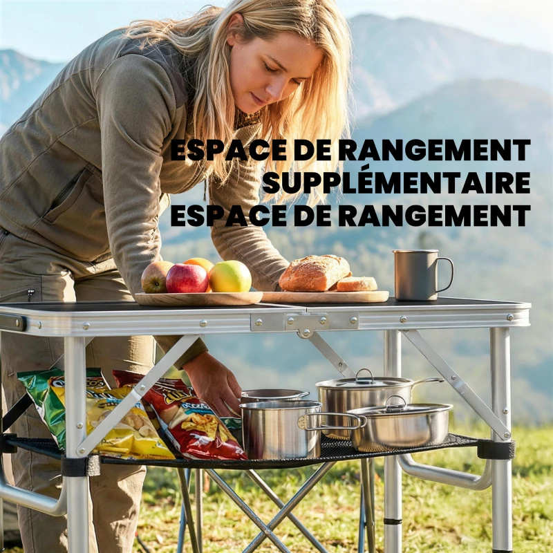Outsunny Table pliante aluminium, table de camping pliante, poignée 4 hauteurs réglables avec Rangement 60x40x60cm, blanc