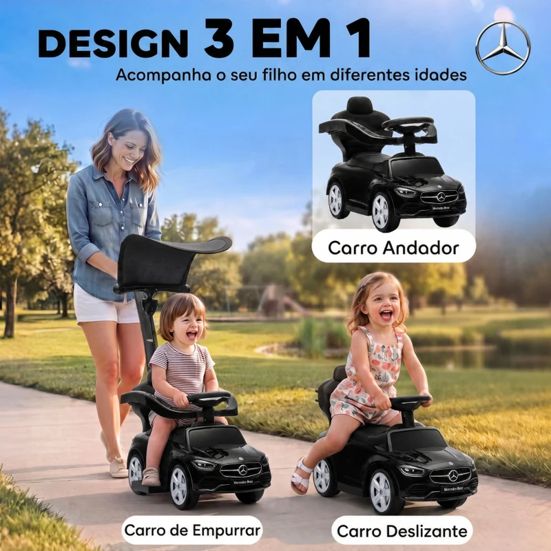 AIYAPLAY Carro Andador para Bebé 3 em 1 Mercedes-Benz com Barra de Empurrar, Capota, Laterais de Segurança e Música, 12-36 Meses, Preto