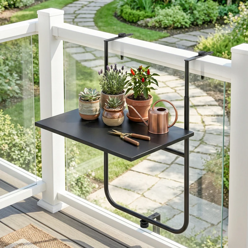 Outsunny Table de balcon suspendue plateau rectangulaire et hauteur réglable cadre en métal, dim. 62L x 60P x 85,5H cm noir