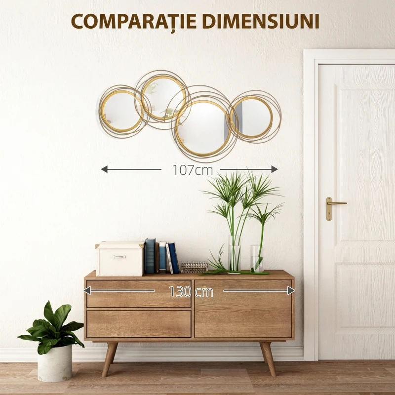 HOMCOM Decorațiune murală 3D din metal, decor de perete cu cercuri și oglinzi, 107x56 cm, auriu