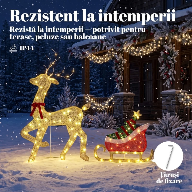 Outsunny Ren de Crăciun Iluminat cu Sanie, 95 LED-uri, Înălțime 125 cm, Auriu