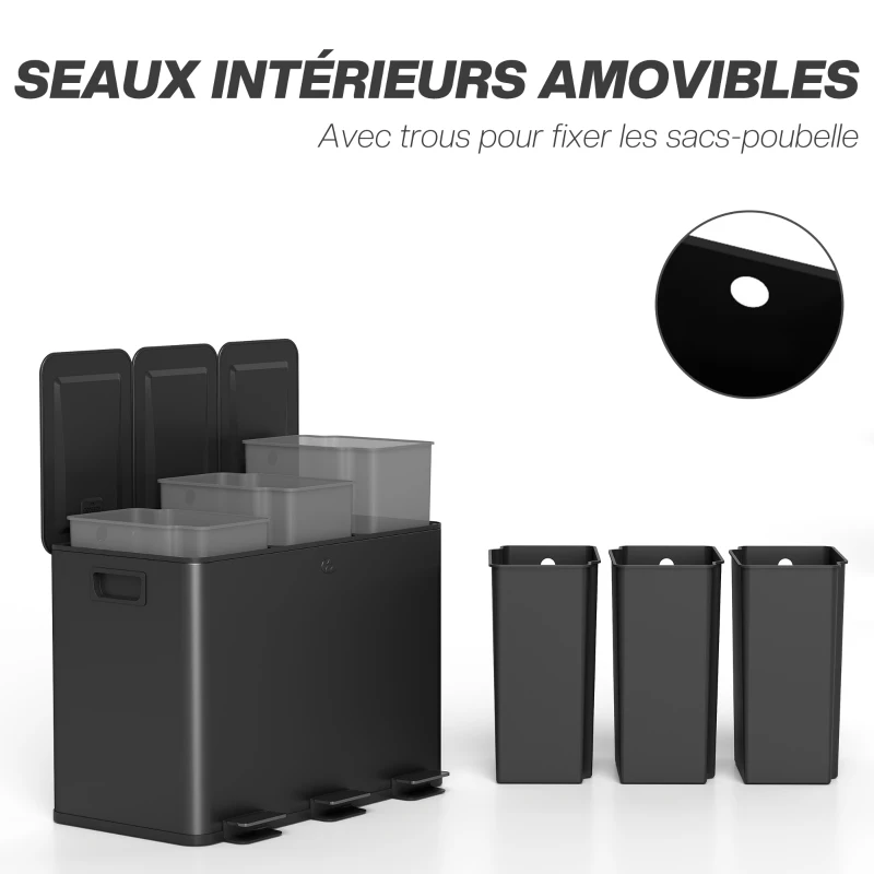 HOMCOM Poubelle de cuisine 45L avec 3 compartiments de 15L, couvercle, seaux intérieurs amovibles, 3 x 15L, noir