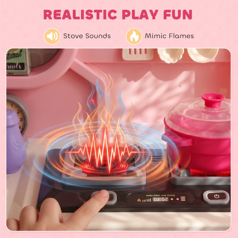 AIYAPLAY Play Kitchen, 33 PCS Kids Kitchen Playset with Lights, Sounds, Storage, Circulating Water Sink for 3-6 Years, Pink