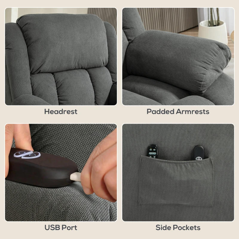 HOMCOM Recliner Armchair Lift Chair, Electric Recliner Chair with Vibration Massage and Heat, Wide Seat, USB Port, Grey