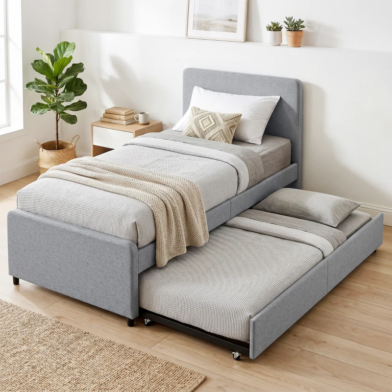 HOMCOM Lit gigogne 90 x 190 cm, cadre de lit simple/double avec sommier à lattes en bois, tête et pied rembourrés, gris clair