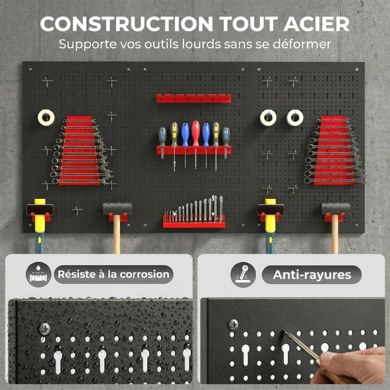 HOMCOM panneau perforé mural 600 x 400 mm, organiseur garage en acier avec 3 panneaux perforés, noir et rouge