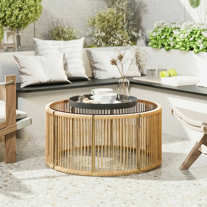 Outsunny Table Basse de Jardin Ronde en Résine Tressée, Plateau en Verre Trempé et Cadre en Acier Galvanisé, 70x70x33cm, Marron