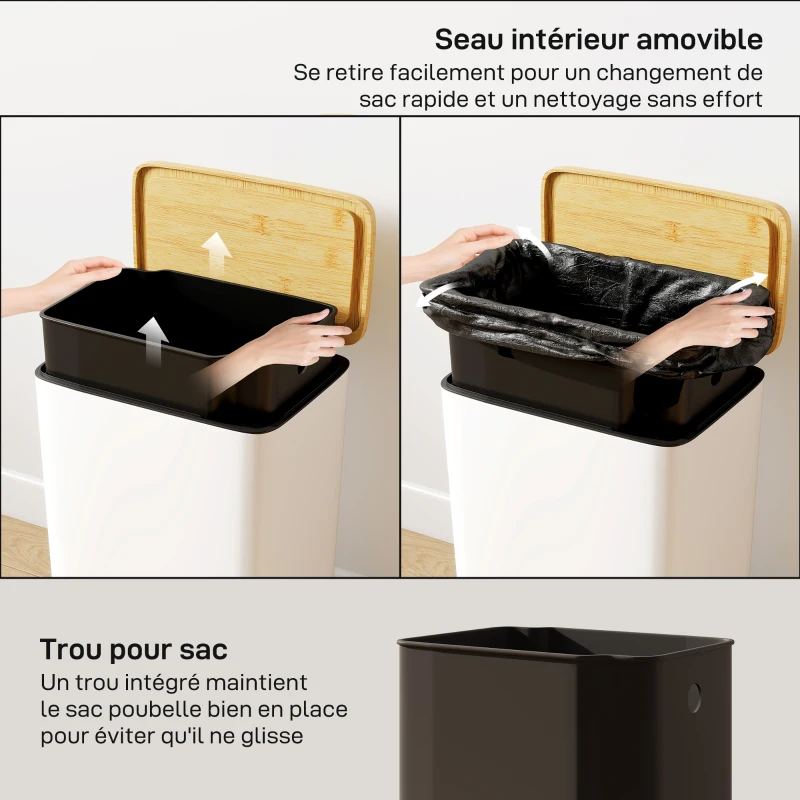 HOMCOM Poubelle de Cuisine 20L, Poubelle avec Pédale, Couvercle en Bambou à Fermeture Douce, Seau Intérieur Amovible, Blanc