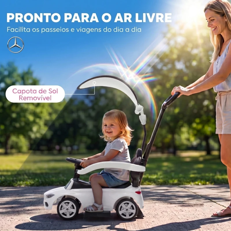 AIYAPLAY Carro Andador para Bebé 3 em 1 Mercedes-Benz com Barra de Empurrar, Capota, Laterais de Proteção, Música, 12-36 Meses, Branco