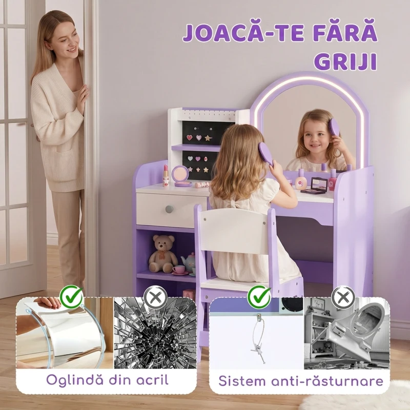 AIYAPLAY Set măsuță de toaletă 2 în 1 pentru fetițe, cu scaun și oglindă, lumini în 2 culori, suport bijuterii, sertar, mov