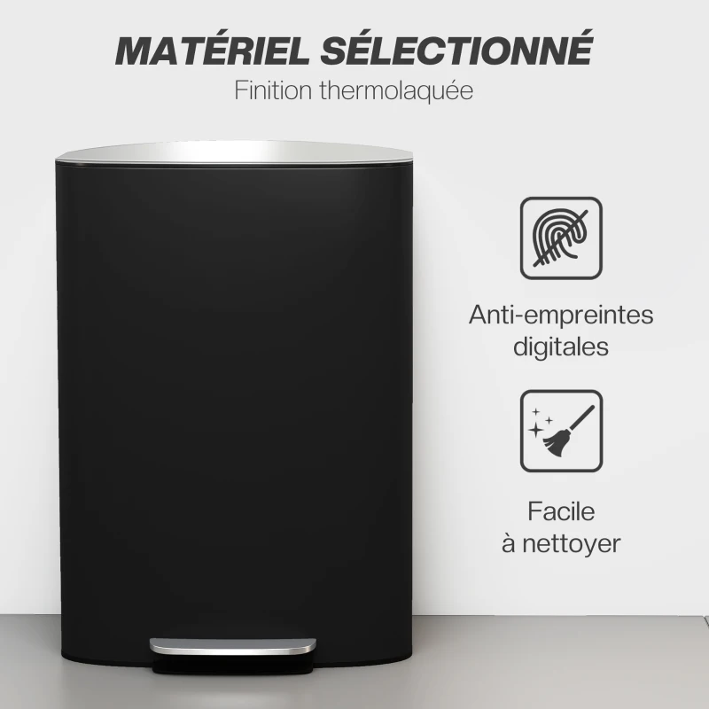 HOMCOM Poubelle cuisine 50L, poubelle à pédale, seau intérieur amovible, couvercle à fermeture douce, 45,1x36,5x62,6cm, noir