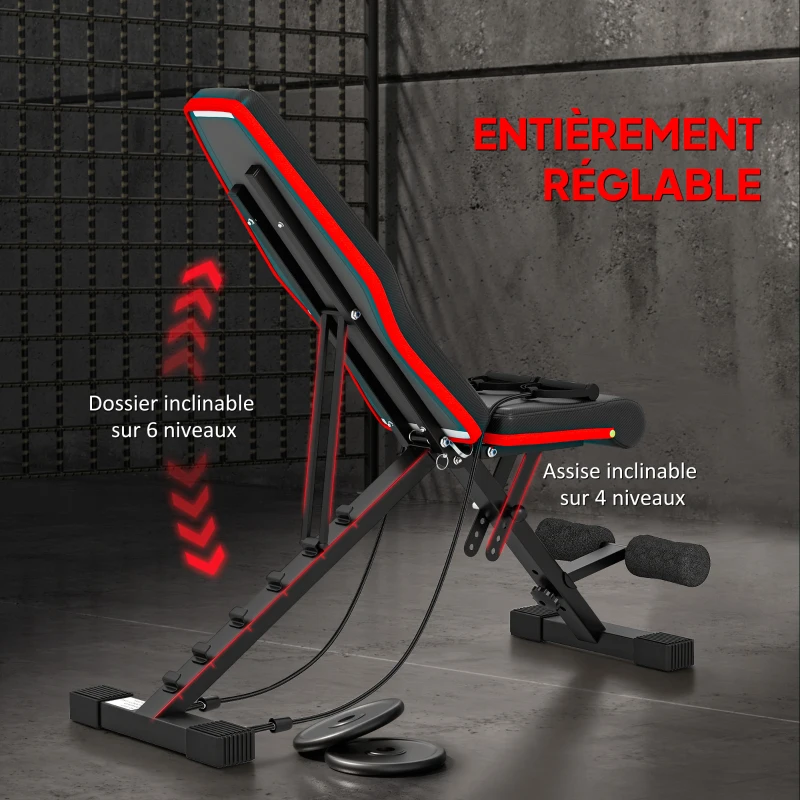 HOMCOM Banc de musculation pliable dossier réglable 6 niveaux assise ajutable 4 niveaux coussin 130 x 34 x 109 cm noir et rouge