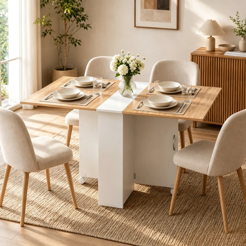 HOMCOM Folding Dining Table, Drop Leaf Table with 2-Tier Shelves, Rolling Casters, White and Natural