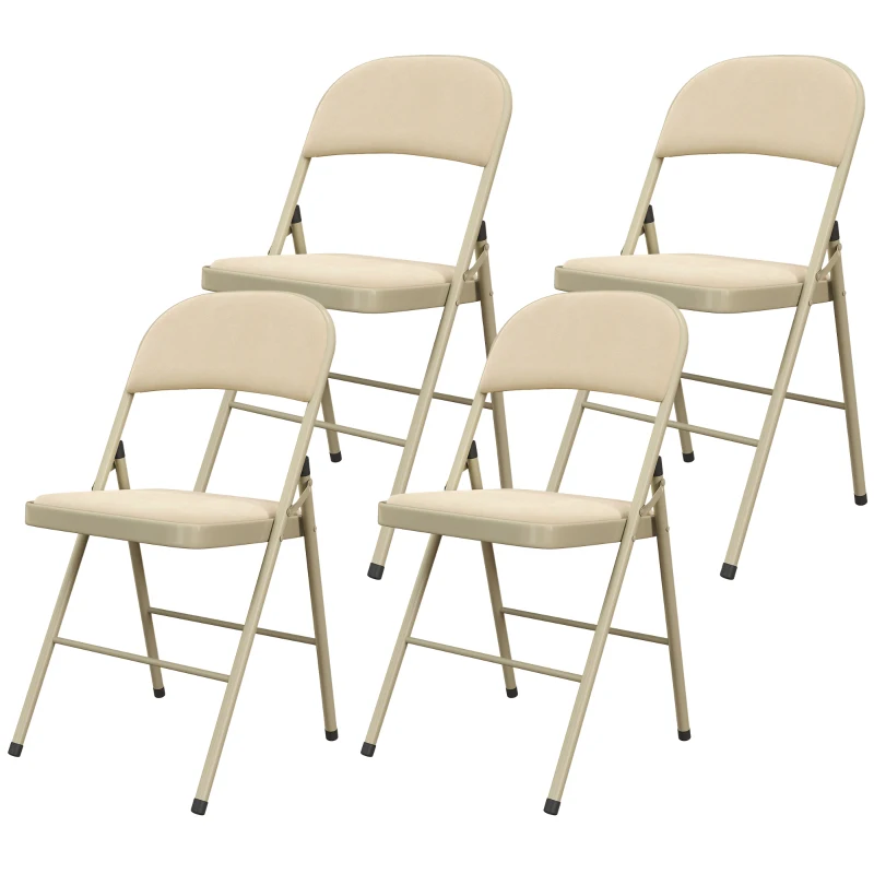 HOMCOM Lot de 4 chaises pliantes et portables intérieur avec assises et dossiers rembourrés en velours, cadre en acier, beige