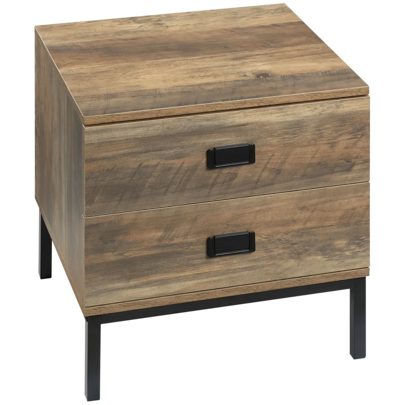 HOMCOM Retro Bedside Table, End Side Table with 2 Drawers, Metal Frame for Bedroom, Living Room, Coffee