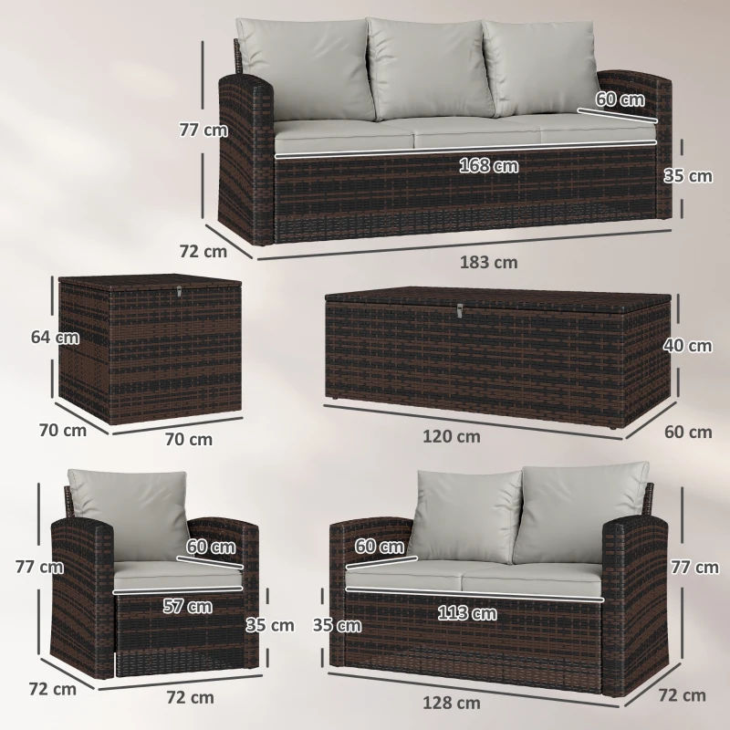 Outsunny Conjunto de Jardín Exterior de Ratán 6 Piezas Cojines Sofá Doble Sofá 3 Plazas 2 Sillones 2 Mesas Auxiliares Beige