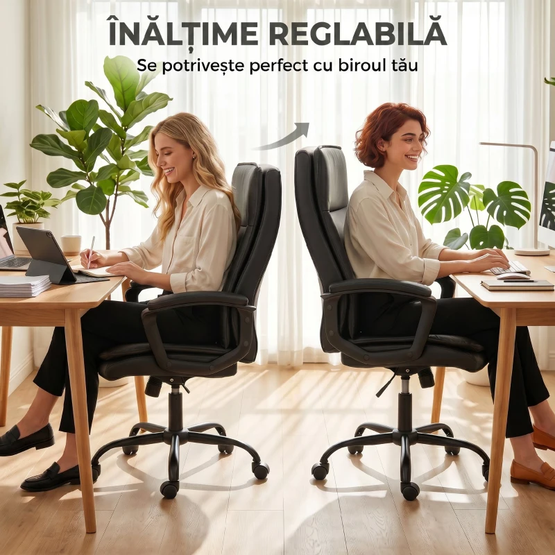 HOMCOM Scaun de Birou Rotativ din Piele PU, Funcție Legănare, Spătar Înalt, Reglabil pe Înălțime, Suportă 120 kg, Negru