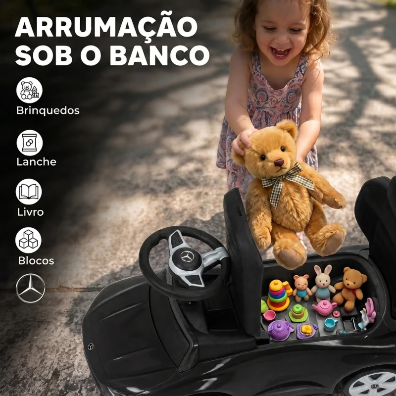 AIYAPLAY Carro Andador para Bebé 3 em 1 Mercedes-Benz com Barra de Empurrar, Capota, Laterais de Segurança e Música, 12-36 Meses, Preto