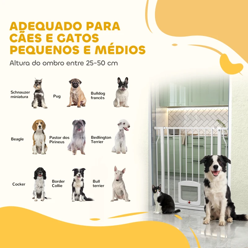 PawHut Barreira de Segurança Extensível para Cães 75-85 cm para Portas e Escadas com Portinhola Pequena Montagem por Pressão Duplo Bloqueio Branco