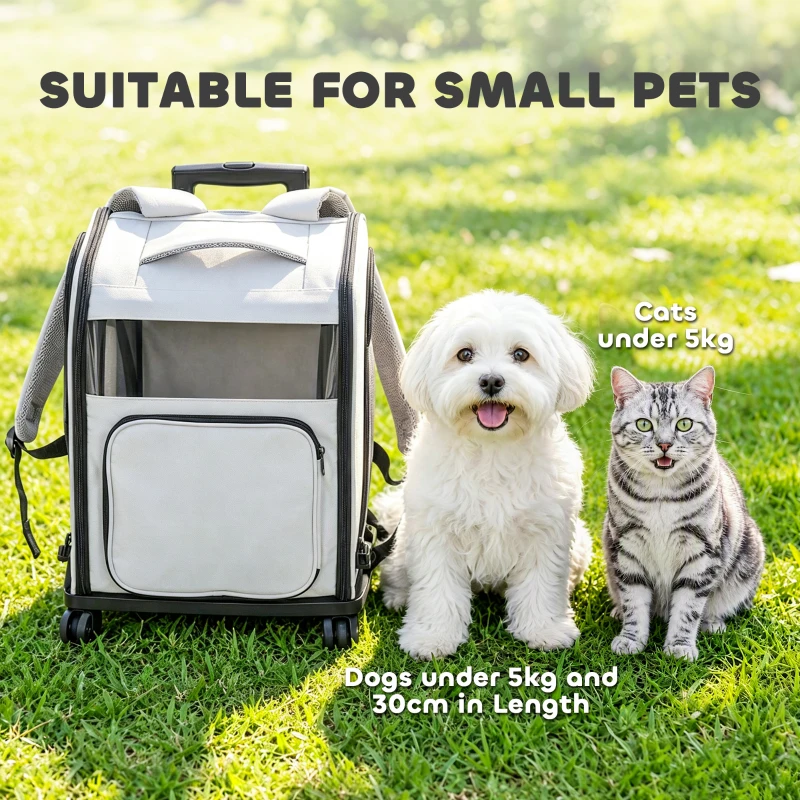 PawHut Sac de Transport pour Chat 2-en-1 à Roulettes Pliable Extensible Ventilé Soutien Lombaire Respirant 34x28x43cm Gris