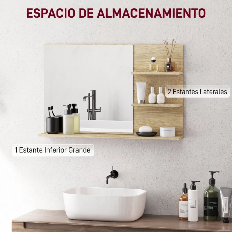 kleankin Espejo de Baño de Pared con 2 Estantes Laterales y Estante Inferior para Entrada Pasillo 75x10x48 cm Madera Natural