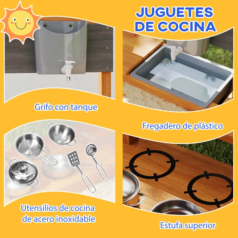 Outsunny Arenero de Madera para Niños con Techo Regulable con Juguetes de Cocina Juego para Niños 3-7 Años 114x110x110 cm Marrón