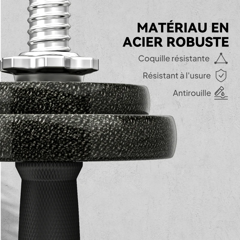 SPORTNOW Ensemble d'haltères 2-en-1 20kg poids réglable kit haltères musculation barre d'extension poignée antidérapante noir