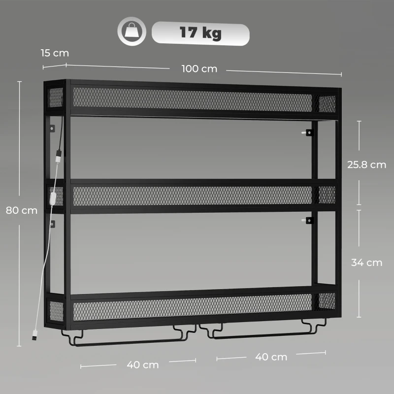 HOMCOM Wall-Mounted Wine Rack with LED Lights, Glass Holders, Open Shelf, Metal Storage Rack, Black