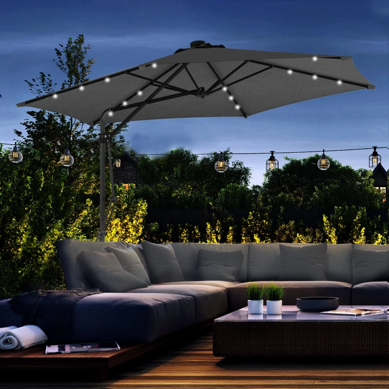 Outsunny 3(m) Solar LED Cantilever Parasol - Dark Grey