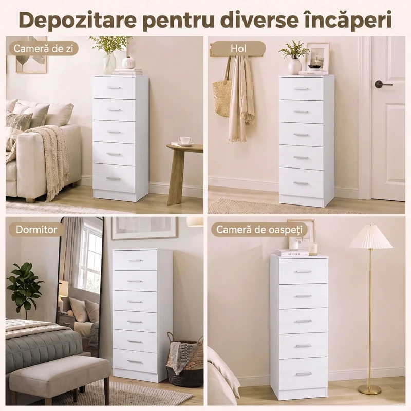 HOMCOM Comodă cu 6 Sertare, Mobilier Modern, 40x40x110 cm, Alb