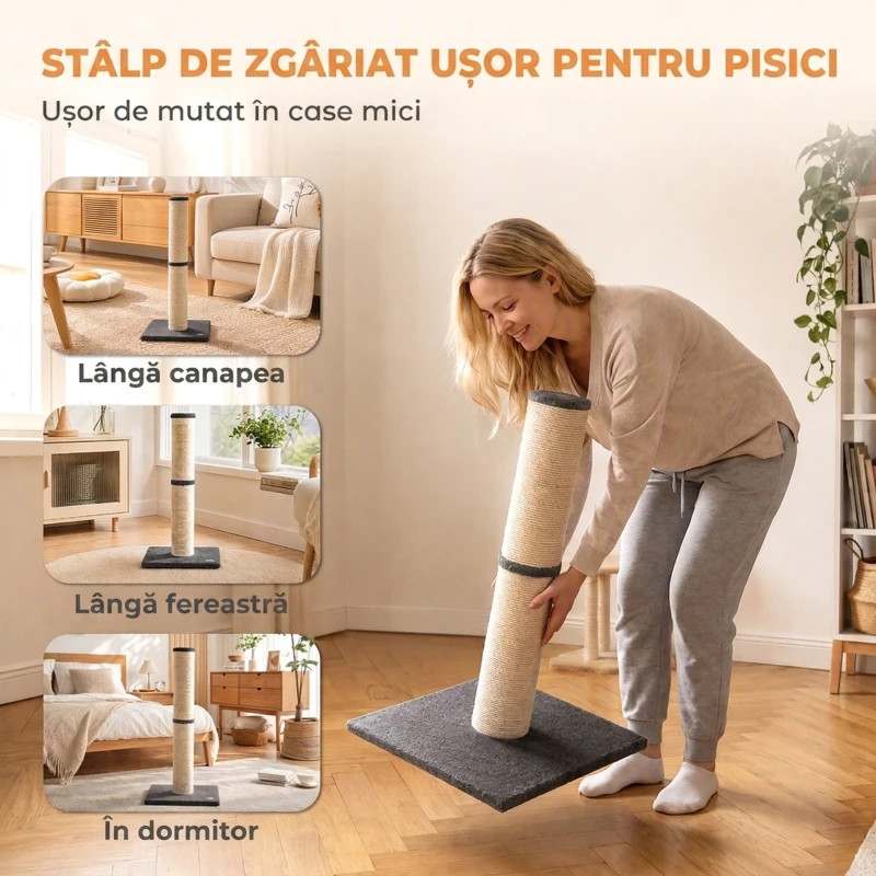 PawHut Ansamblu de Zgâriat Ușor pentru Pisici, 80 cm, cu Frânghie din Sisal, Bază din PAL și Pluș, Gri Închis