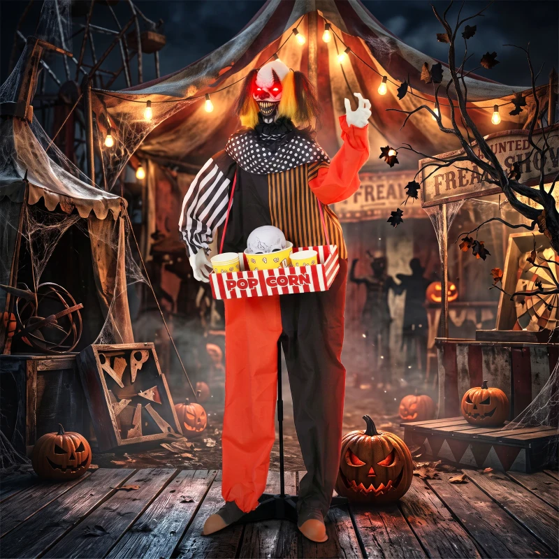 HOMCOM Animowany klaun z popcornem na Halloween z wyskakującą głową, strasznymi dźwiękami, muzyką jarmarczną i świecącymi oczami