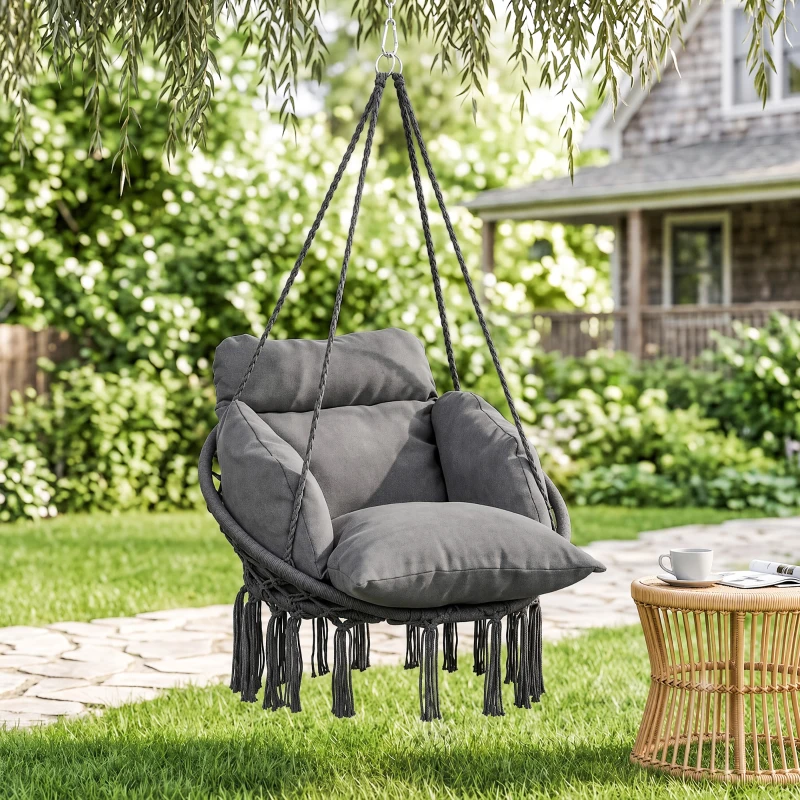 Outsunny Chaise suspendue avec grand coussin rembourré hamac fauteuil suspendu à franges kit de suspension 80 x 60 x 40 cm gris foncé