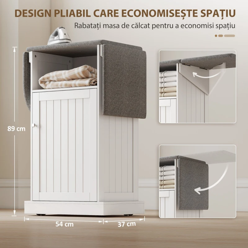 HOMCOM Dulap Compact cu Masă de Călcat Pliabilă pe Roți cu Raft Deschis și Dulap, 121x37x89 cm, Alb și Gri