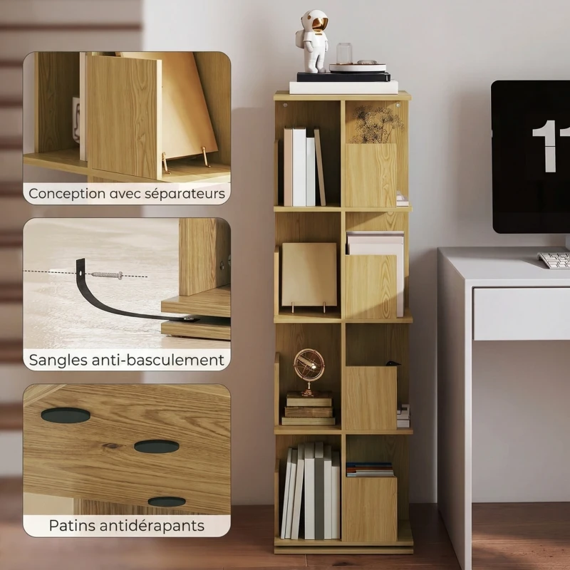 HOMCOM Bibliothèque Rotative à 4 Niveaux, Étagère Rangement avec 16 Compartiments, 39 x 39 x 128,3 cm, Chêne