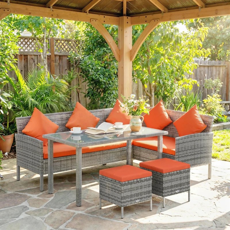 Outsunny 6-Seater Rattan Dining Set Sofa Table Footstool Outdoor w/ Cushion Garden Furniture, Orange