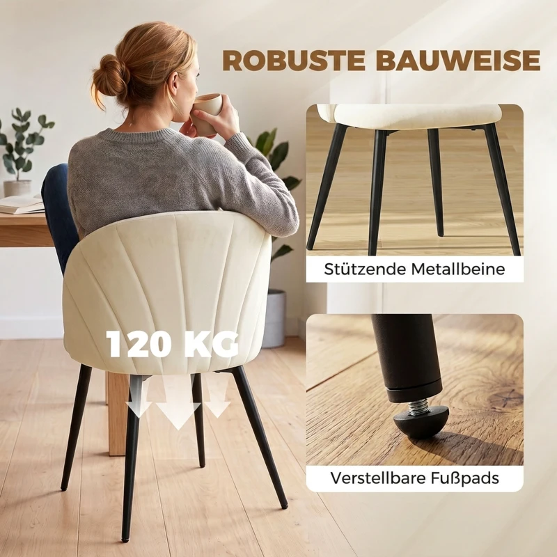 HOMCOM 2er-Set Esszimmerstühle Akzentstühle Küchenstühle, Retrodesign, Samtoptik, 52 cm x 55 cm x 79 cm, Cremeweiß