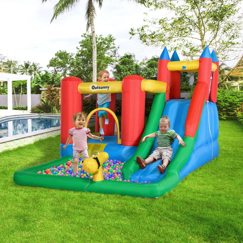 Outsunny Château gonflable avec toboggan piscine et mur d'escalade pour 4 enfants 3-8 ans juaqu'à 120 kg avec souffleur 450W pistolet à eau et sac de transport dim. 330L x 245l x 215H cm multicolore