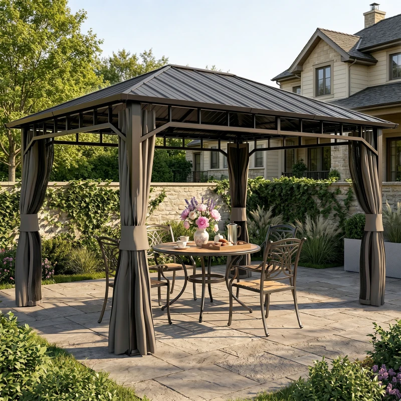 Outsunny 3 x 4m Hardtop Gazebo with Galvanised Steel Roof and Water Gutter, Waterproof Permanent Pavilion Garden Gazebo with Netting and Curtains for Patio, Deck