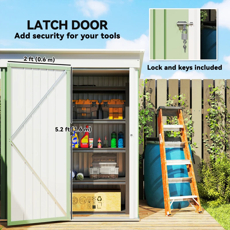 Outsunny Metal Garden Shed, Outdoor Lean-to Shed for Tool Motor Bike, with Adjustable Shelf, Lock, Gloves, 5'x3'x6', Green