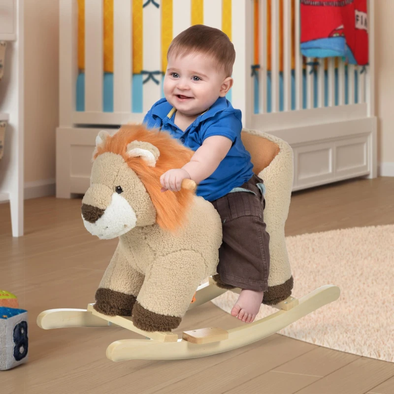 HOMCOM Cheval à Bascule modèle Lion Fonction Musicale Selle Grand Confort Peluche Courte Douce Pour Enfants 18-36 Mois Bois peuplier Marron dim. 68L x 35l x 50H cm