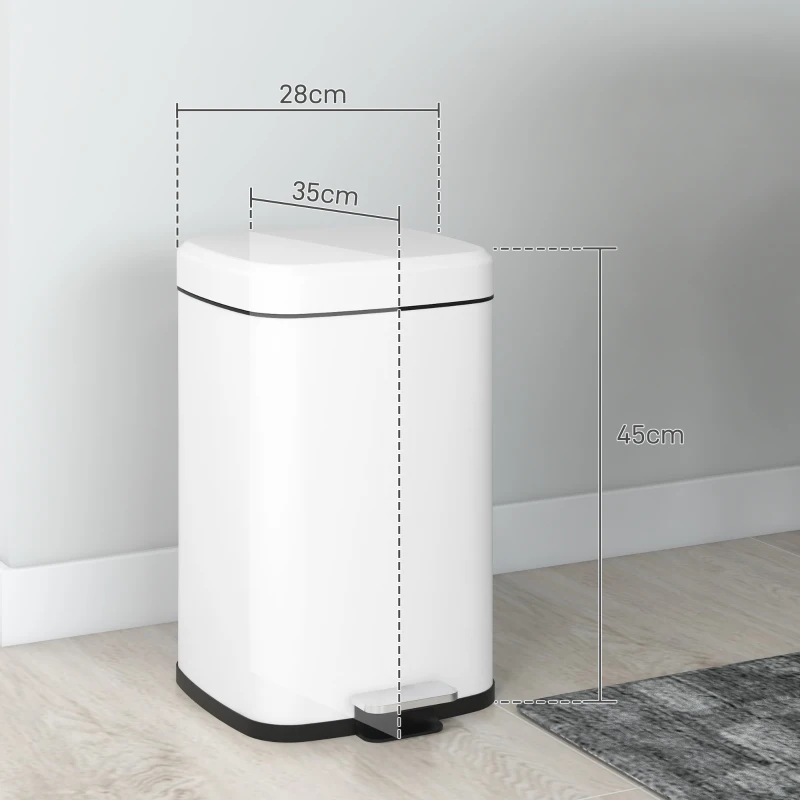 HOMCOM Poubelle de cuisine 20L avec couvercle à fermeture douce et pédale, seau intérieur amovible, 28L x 35l x 45H cm, blanc