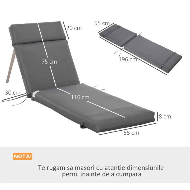 Outsunny Set 2 Perne pentru Șezlonguri de Exterior cu Curele, Perne Umplute cu Bumbac și Poliester, pentru Șezlonguri sau Fotolii de Grădină, 196x55x8 cm, Gri Închis