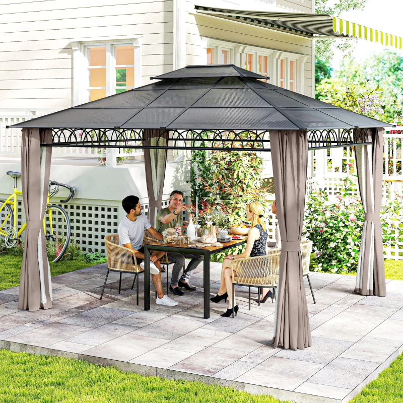 Outsunny 3.6 x 3 (m) Outdoor Polycarbonate Gazebo, Double Roof Hard Top Gazebo with Nettings & Curtains for Garden, Lawn, Patio