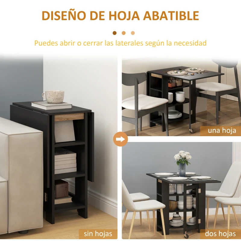 HOMCOM Mesa de Cocina Plegable con Alas Abatibles 2 Ruedas y Estantes Estilo Moderno 120x60x75 cm Negro