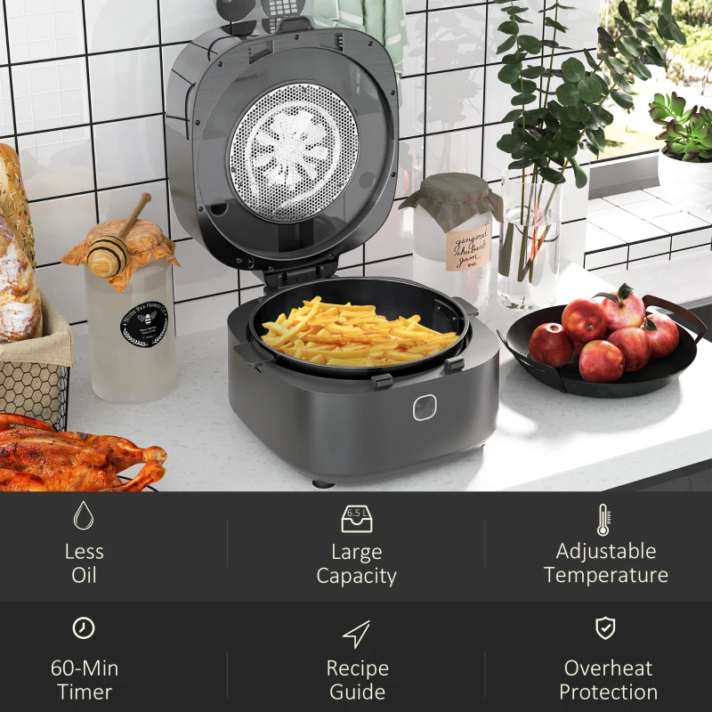 HOMCOM 6.5L Family Size Air Fryer Oven with Rapid Air Circulation and Recipes, Airfryer for Oil Free with Adjustable Temperature, 60-Minute Timer and Non-stick Basket, 1350W, Grey