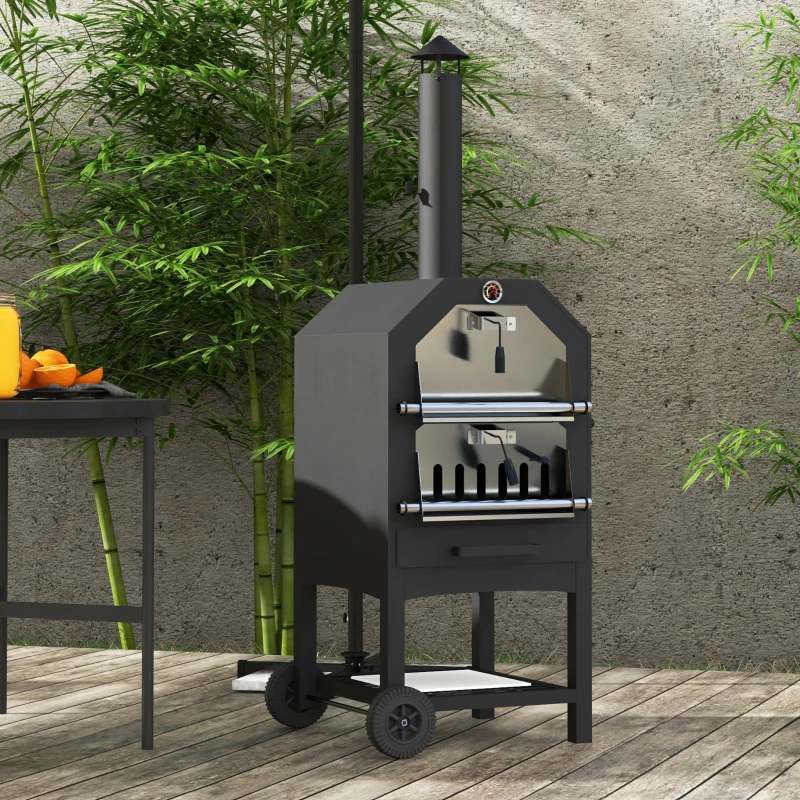 Outsunny Steel 3-Tier Outdoor Pizza Oven Charcoal BBQ Grill, Black