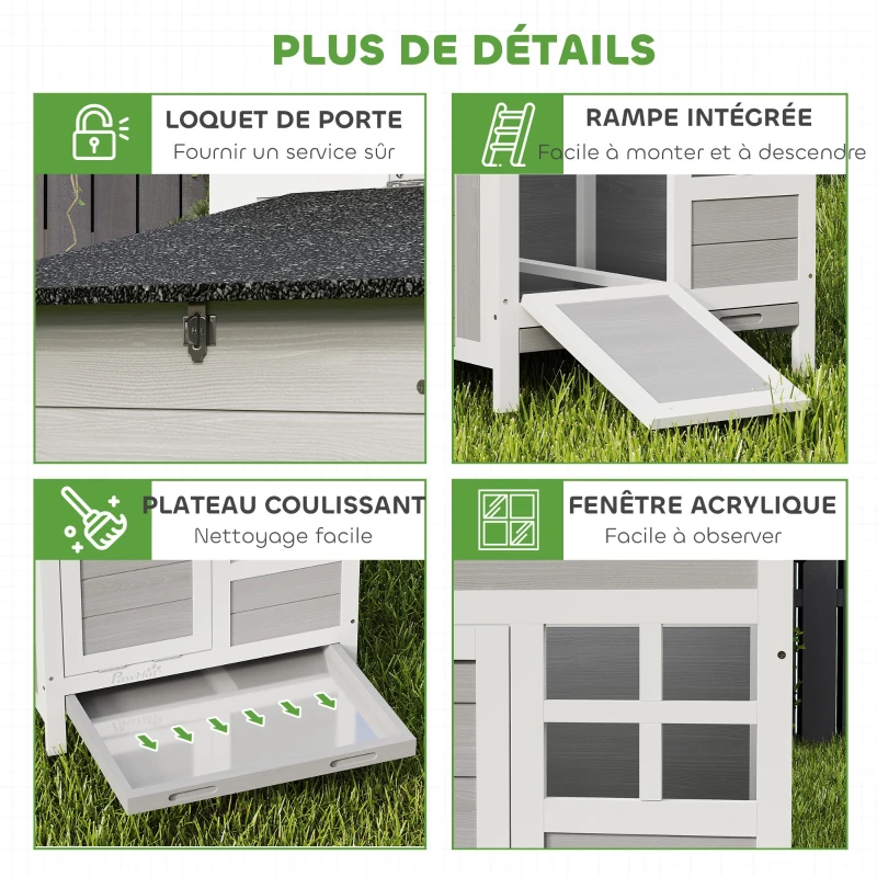 PawHut Poulailler en bois, toit en asphalte et pondoir abri pour 4 poules avec fenêtre en acrylique 92 x 64 x 69 cm gris